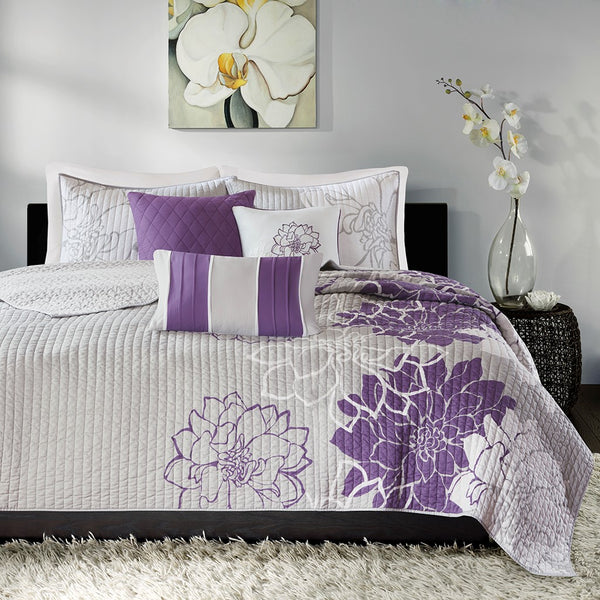 Lola 6 Piece Reversible Cotton Printed Coverlet Set - Purple