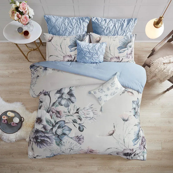 Cassandra 8 Piece Cotton Printed Comforter Set - Blue - Gifts for You 'n Me