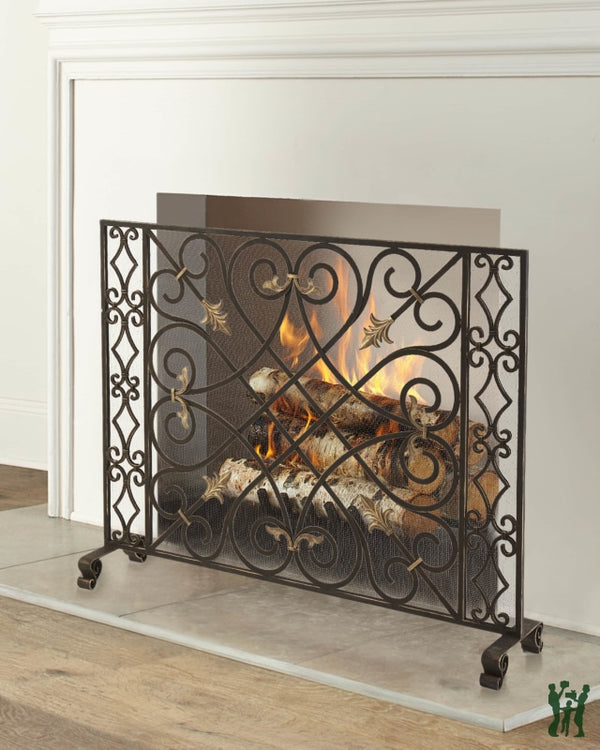 38.5W Burnished Gold Gate Design Single Panel Fire Screen With God Accents Mesh Backing Fireplace