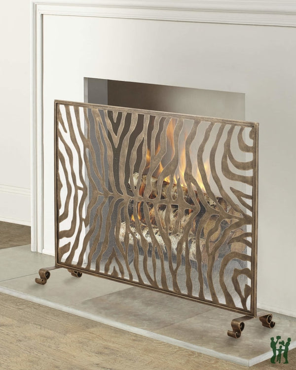 38.5W Burnished Gold Zebra Design Single Panel Fire Screen With Mesh Backing Fireplace