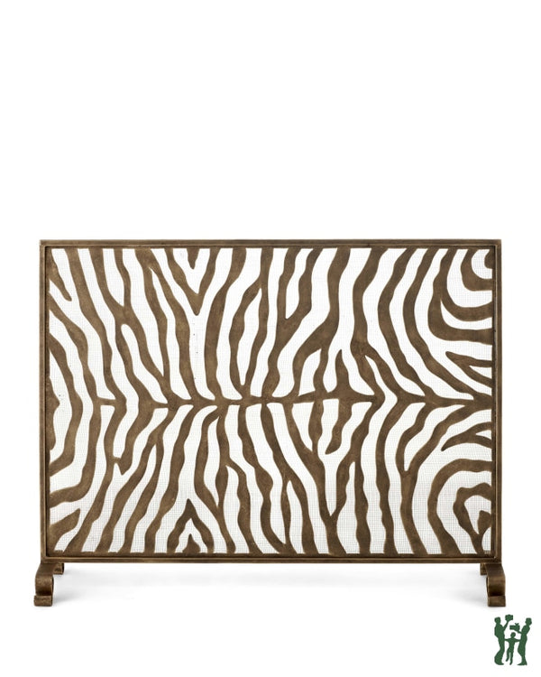 38.5W Burnished Gold Zebra Design Single Panel Fire Screen With Mesh Backing Fireplace