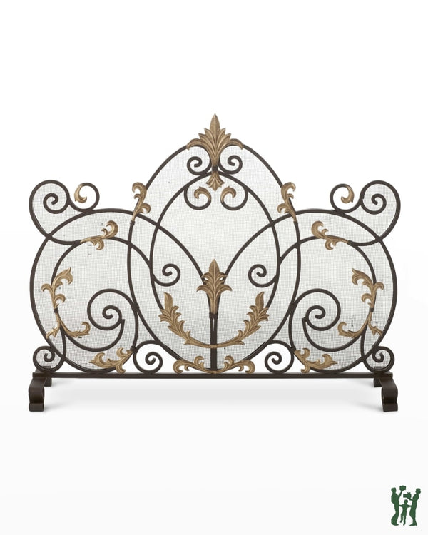 38.5W Dark Brown Fire Screen With Gold Acanthus Leaf Accents Fireplace