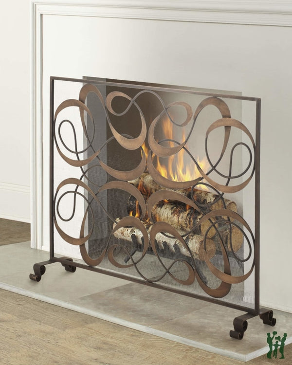 38.5W Dark Gold Swirl Design Single Panel Fire Screen With Mesh Backing Fireplace