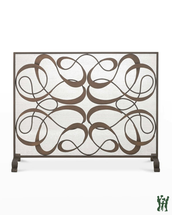 38.5W Dark Gold Swirl Design Single Panel Fire Screen With Mesh Backing Fireplace