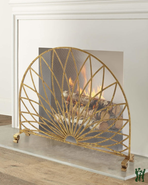 38.5W Italian Gold Arched Fire Screen With Star Burst Design Mesh Backing Fireplace