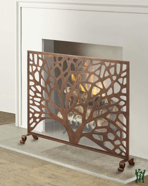 38.5W Rose Gold Abstract Tree Single Panel Fire Screen With Mesh Backing Fireplace