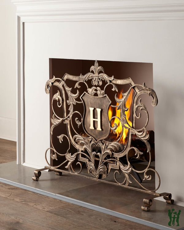 38.75W Light Burnished Gold Monogrammed Shield Decorative Fire Screen With Fleur De Lis Accent Fire