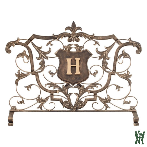 38.75W Light Burnished Gold Monogrammed Shield Decorative Fire Screen With Fleur De Lis Accent Fire