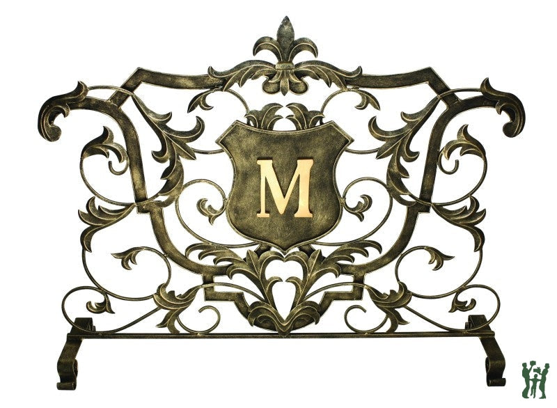 38.75W Light Burnished Gold Monogrammed Shield Decorative Fire Screen With Fleur De Lis Accent M