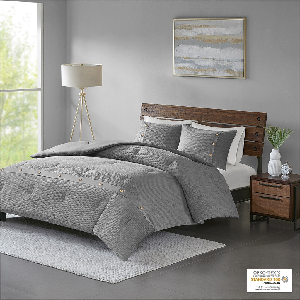 Finley 3 Piece Cotton Waffle Weave Comforter Set - Grey