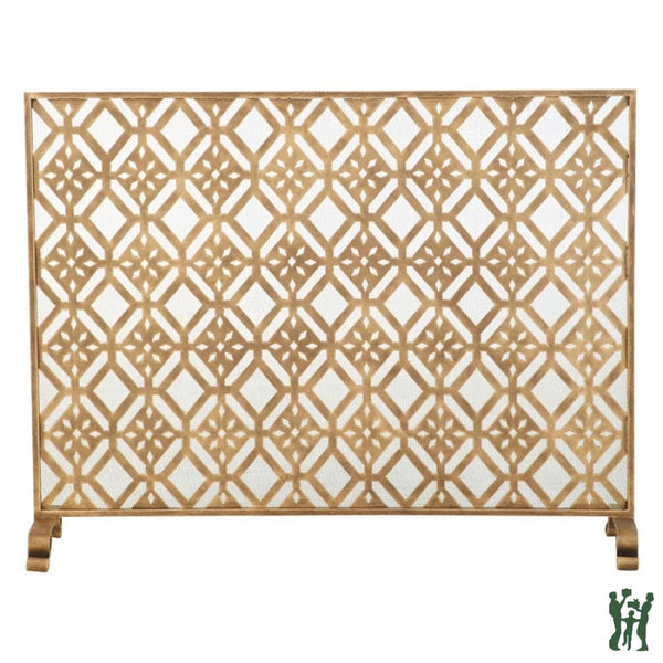 39W Light Burnished Gold Cut-Out Diamond Design Single Panel Fire Screen With Mesh Backing Fireplace
