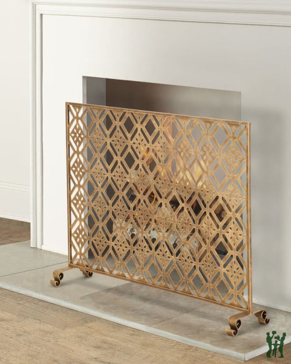 39W Light Burnished Gold Cut-Out Diamond Design Single Panel Fire Screen With Mesh Backing Fireplace
