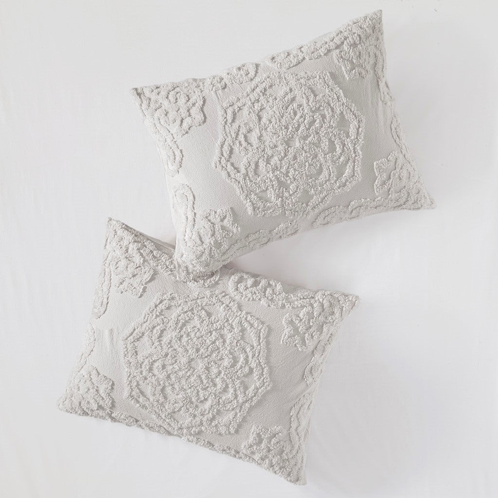 Laetitia Tufted Cotton Chenille Medallion Fringe Coverlet Mini Set - Grey