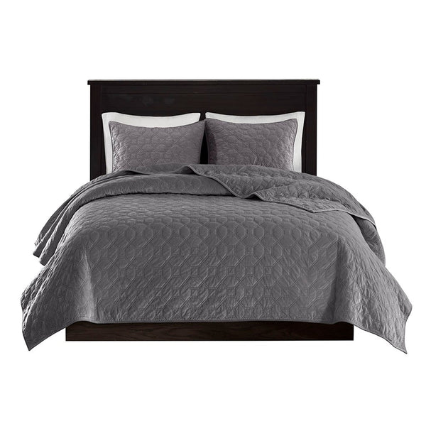 Harper Velvet 3 Piece Coverlet Set - Grey