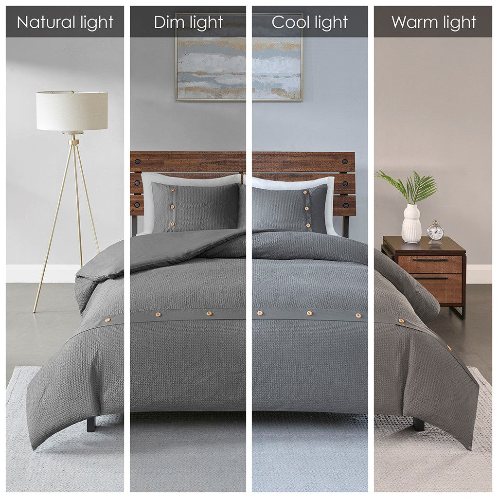 Finley 3 Piece Cotton Waffle Weave Comforter Set - Grey