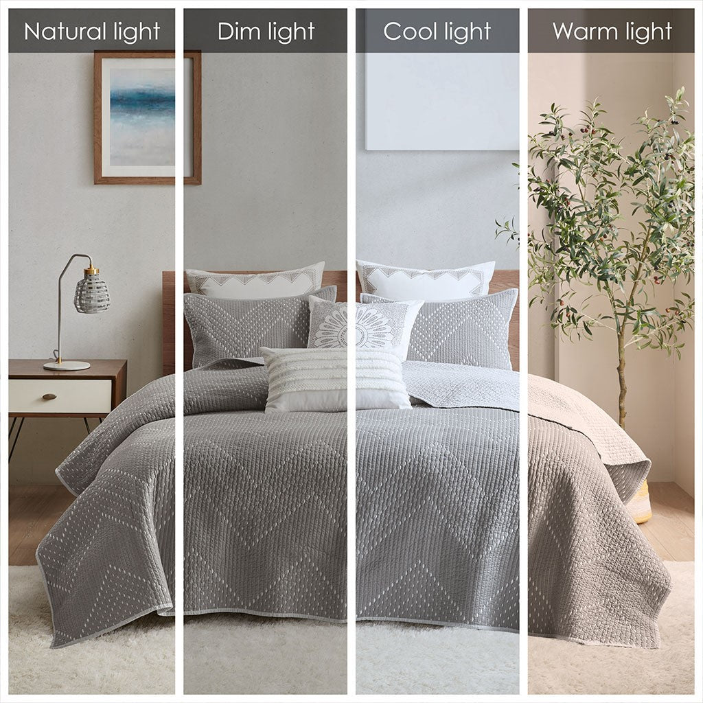 Pomona Cotton Embroidered 3 Piece Coverlet Set - Gray