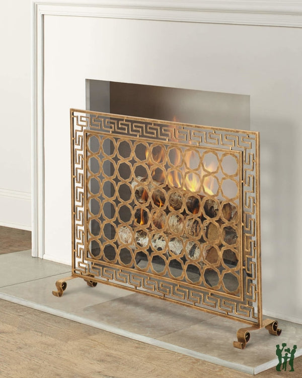 40.5W Light Burnished Gold Greek Key Design Single Panel Fire Screen With Mesh Backing Fireplace