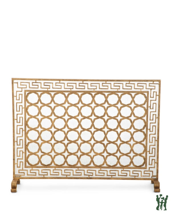40.5W Light Burnished Gold Greek Key Design Single Panel Fire Screen With Mesh Backing Fireplace