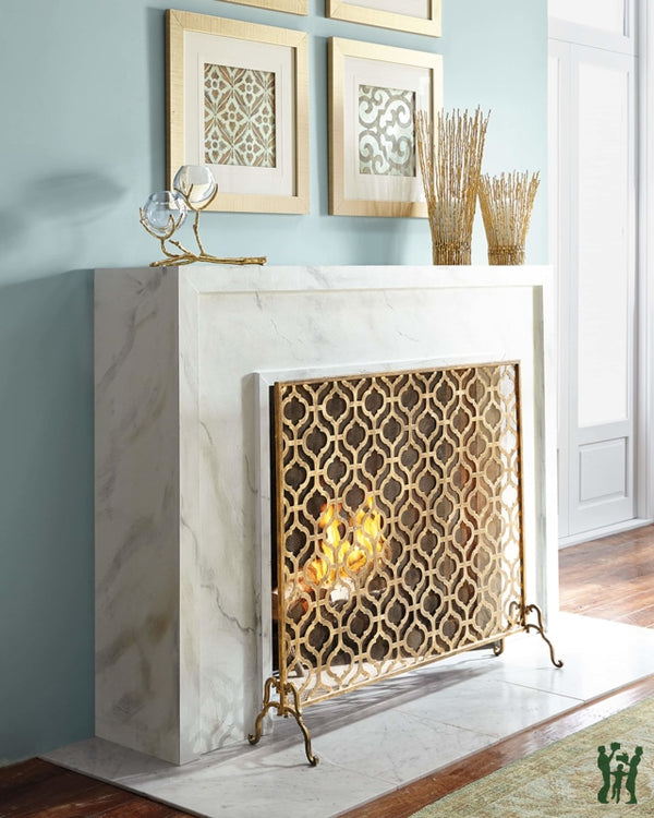 41W Light Burnished Gold Quadrille Design Single Panel Fire Screen Fireplace