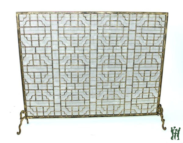 41W Light Burnished Gold Single Panel Geometric Design Fire Screen With Mesh And Hinged Legs