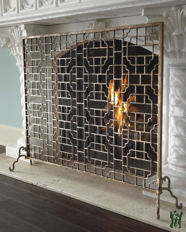 41W Light Burnished Gold Single Panel Geometric Design Fire Screen With Mesh And Hinged Legs