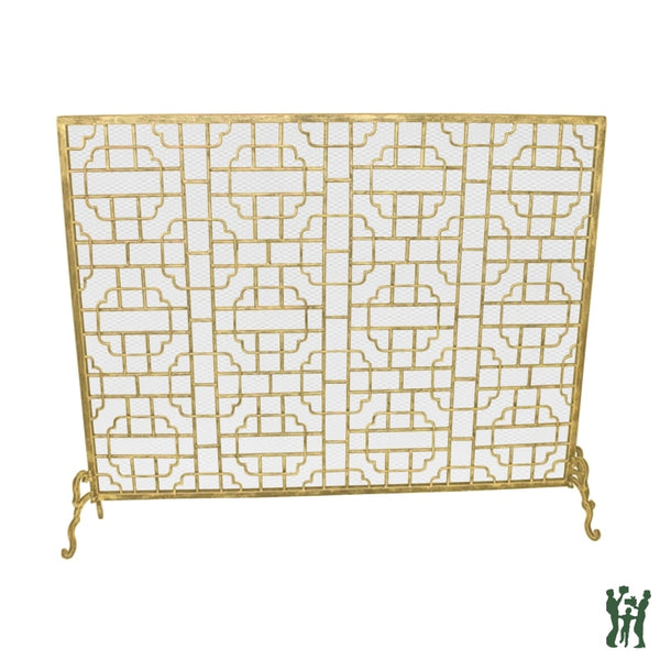 41W Light Burnished Gold Single Panel Geometric Design Fire Screen With Mesh And Hinged Legs