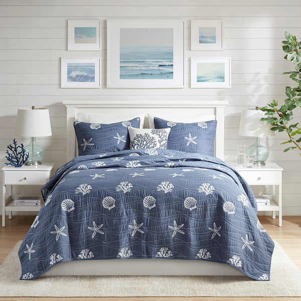 Seaside 4 Piece Cotton Coverlet Set - Navy