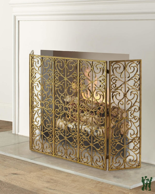 44.2W Italian Gold 3 Panel Gate Design Fire Screen Fireplace