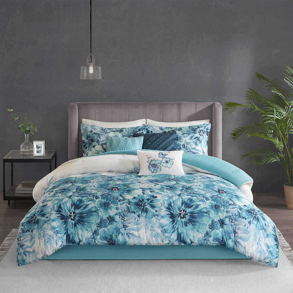 Enza 7 Piece Cotton Teal Printed Comforter Set  by Madison Park