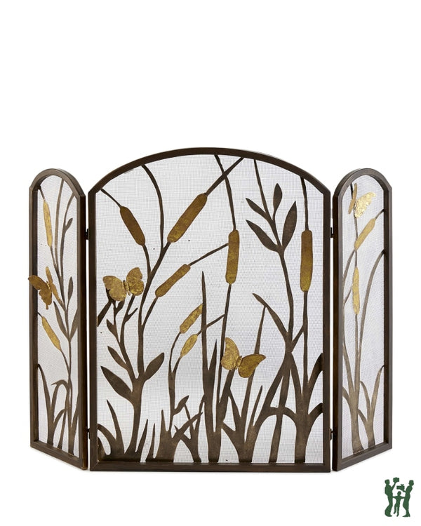 46.25W Multi-Color Cat Tail And Butterfly Accent Three Panel Fire Screen With Mesh Backing Fireplace