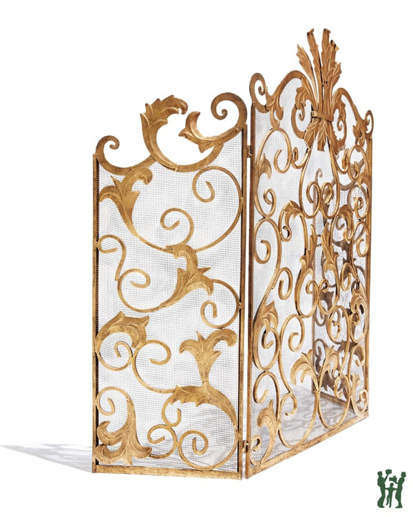 46.5 Antique Gold Acanthus Leaf Ornate Fire Screen - Three Panel Fireplace