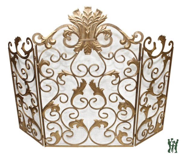 46.5 Antique Gold Acanthus Leaf Ornate Fire Screen - Three Panel Fireplace