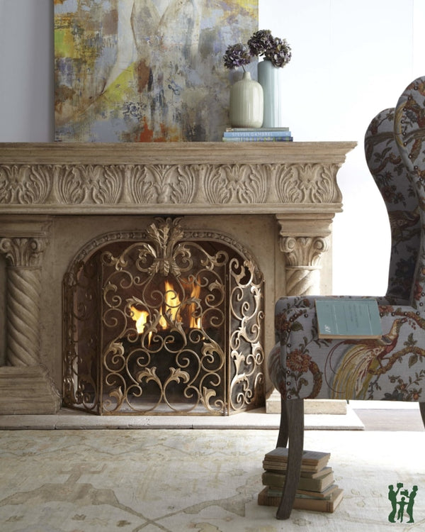 46.5 Antique Gold Acanthus Leaf Ornate Fire Screen - Three Panel Fireplace