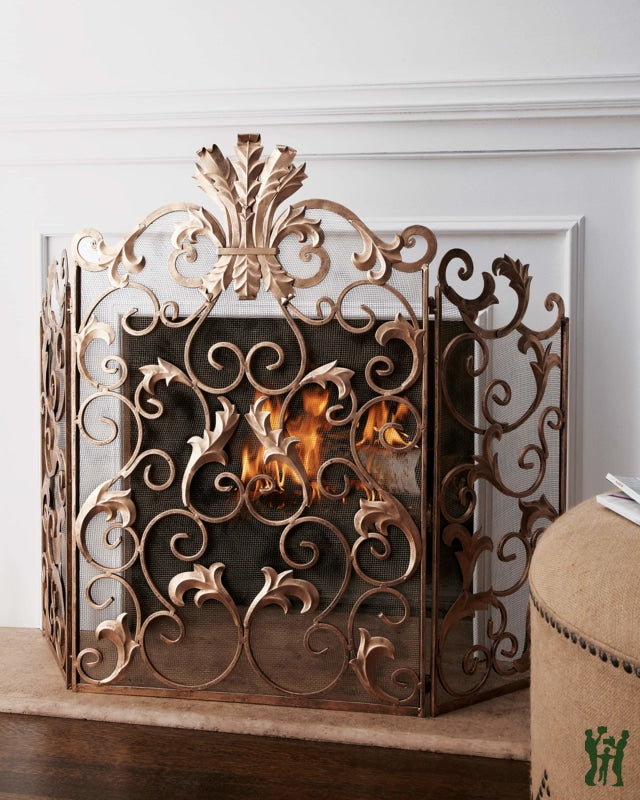 46.5 Antique Gold Acanthus Leaf Ornate Fire Screen - Three Panel Fireplace