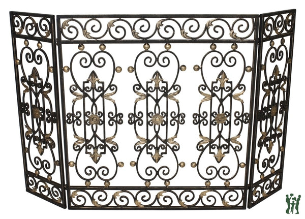 47.25W Burnished Gold Iron Gate Design Three Panel Fire Screen Fireplace