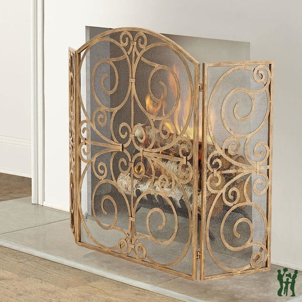 47.5W Antique Gold Rolled Scroll Three Panel Fire Screen With Mesh Backing Fireplace