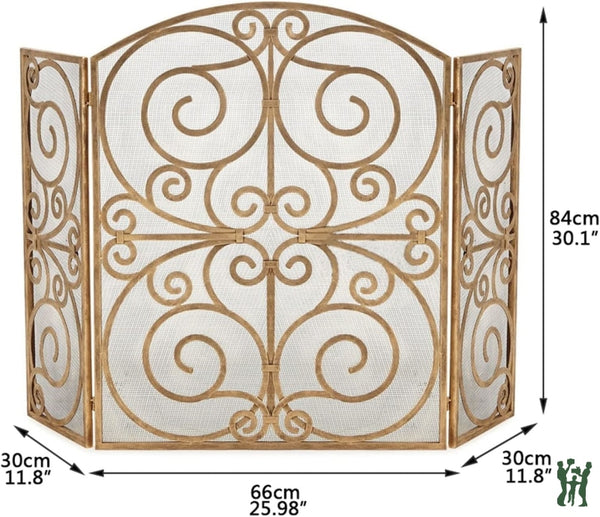 47.5W Antique Gold Rolled Scroll Three Panel Fire Screen With Mesh Backing Fireplace