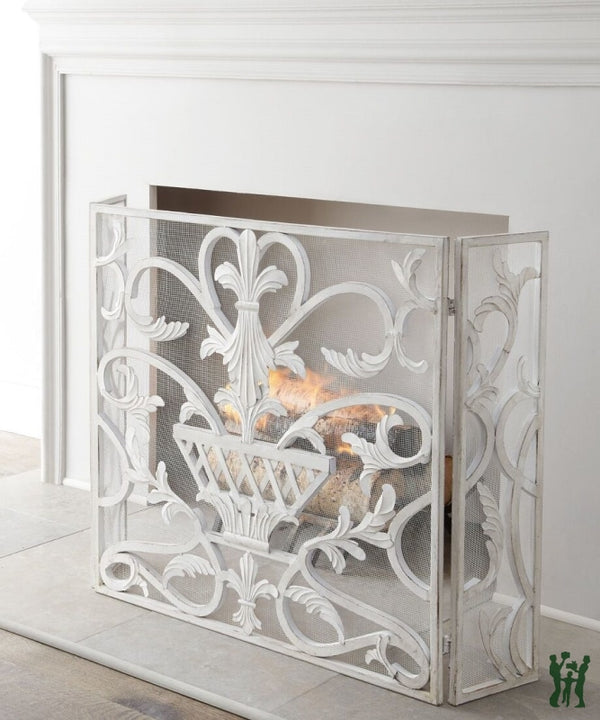 47.75W Antique White Iron Fire Screen With Urn Accent - Three Panel Fireplace