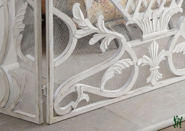 47.75W Antique White Iron Fire Screen With Urn Accent - Three Panel Fireplace