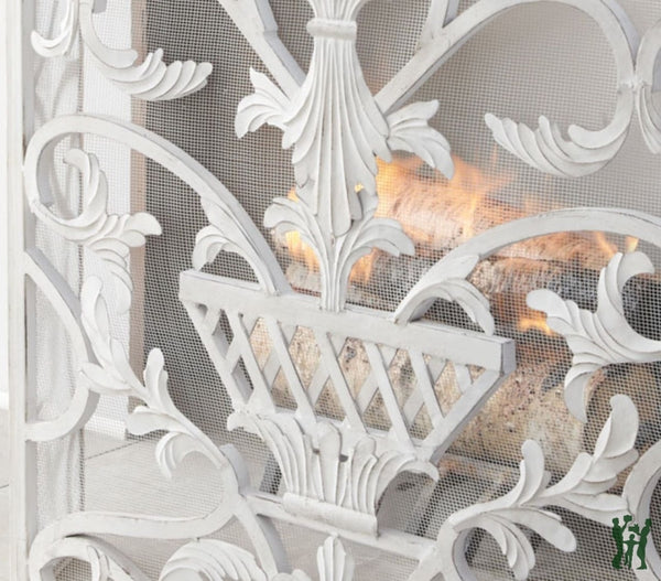 47.75W Antique White Iron Fire Screen With Urn Accent - Three Panel Fireplace
