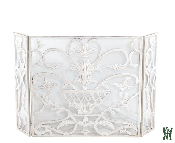 47.75W Antique White Iron Fire Screen With Urn Accent - Three Panel Fireplace