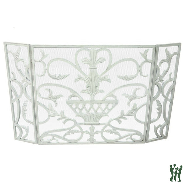 47.75W Antique White Iron Fire Screen With Urn Accent - Three Panel Fireplace