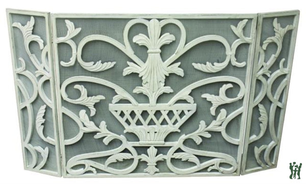 47.75W Antique White Iron Fire Screen With Urn Accent - Three Panel Fireplace