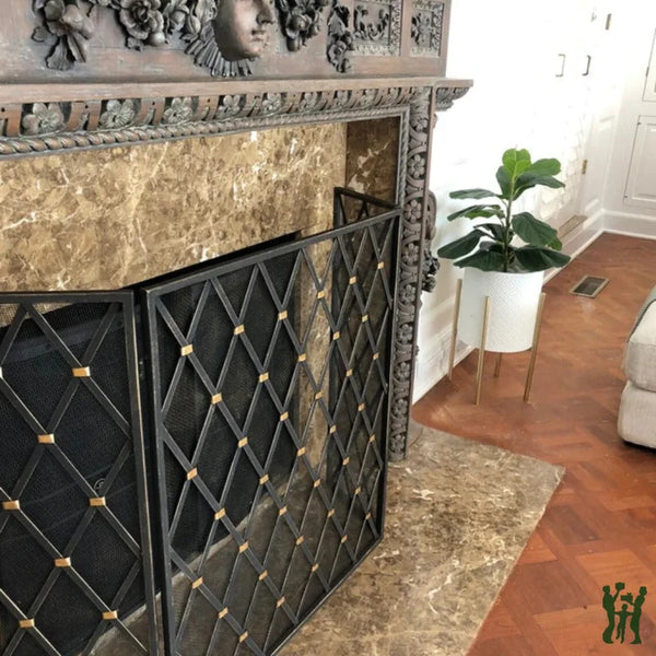48.5W Burnished Gold Diamond Design Three Panel Fire Screen With Accents And Mesh Backing Fireplace