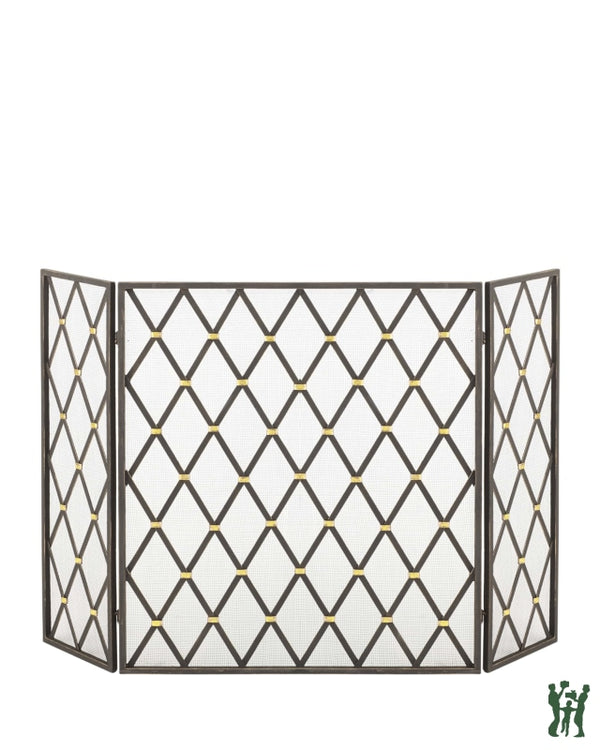 48.5W Burnished Gold Diamond Design Three Panel Fire Screen With Accents And Mesh Backing Fireplace