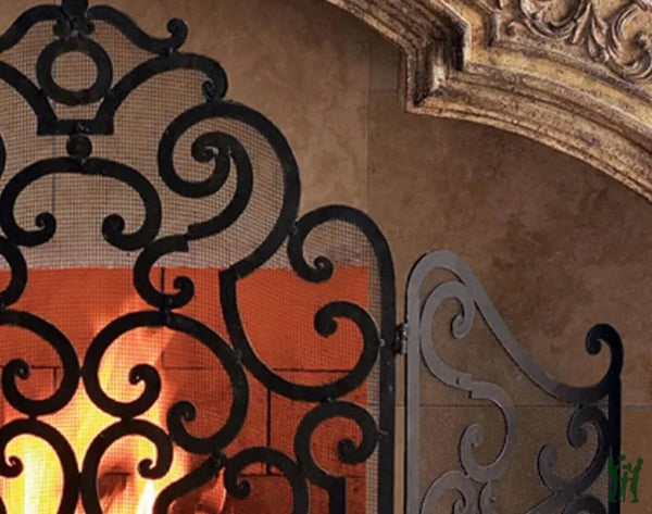 48W Iron Fireplace Screen With Stained Antique Brown Scroll Design Screen