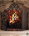 48W Iron Fireplace Screen With Stained Antique Brown Scroll Design Screen