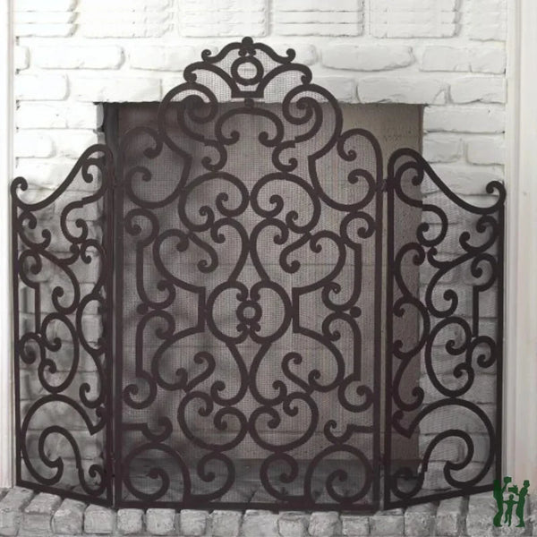 48W Iron Fireplace Screen With Stained Antique Brown Scroll Design Screen