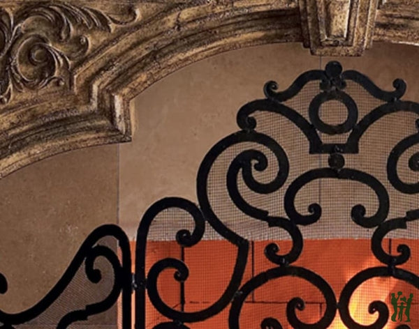 48W Iron Fireplace Screen With Stained Antique Brown Scroll Design Screen