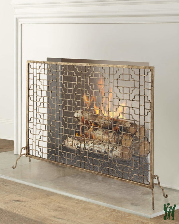 48W Large Light Burnished Gold Geometric Single Panel Fire Screen Fireplace